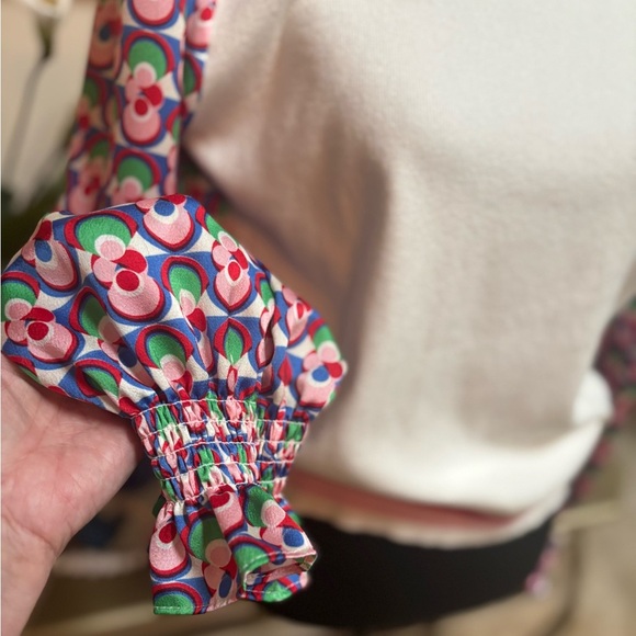 FATE Anthropologie Crew Neck White Sweater with Silky Patterned Sleeves Sz M - Picture 5 of 12